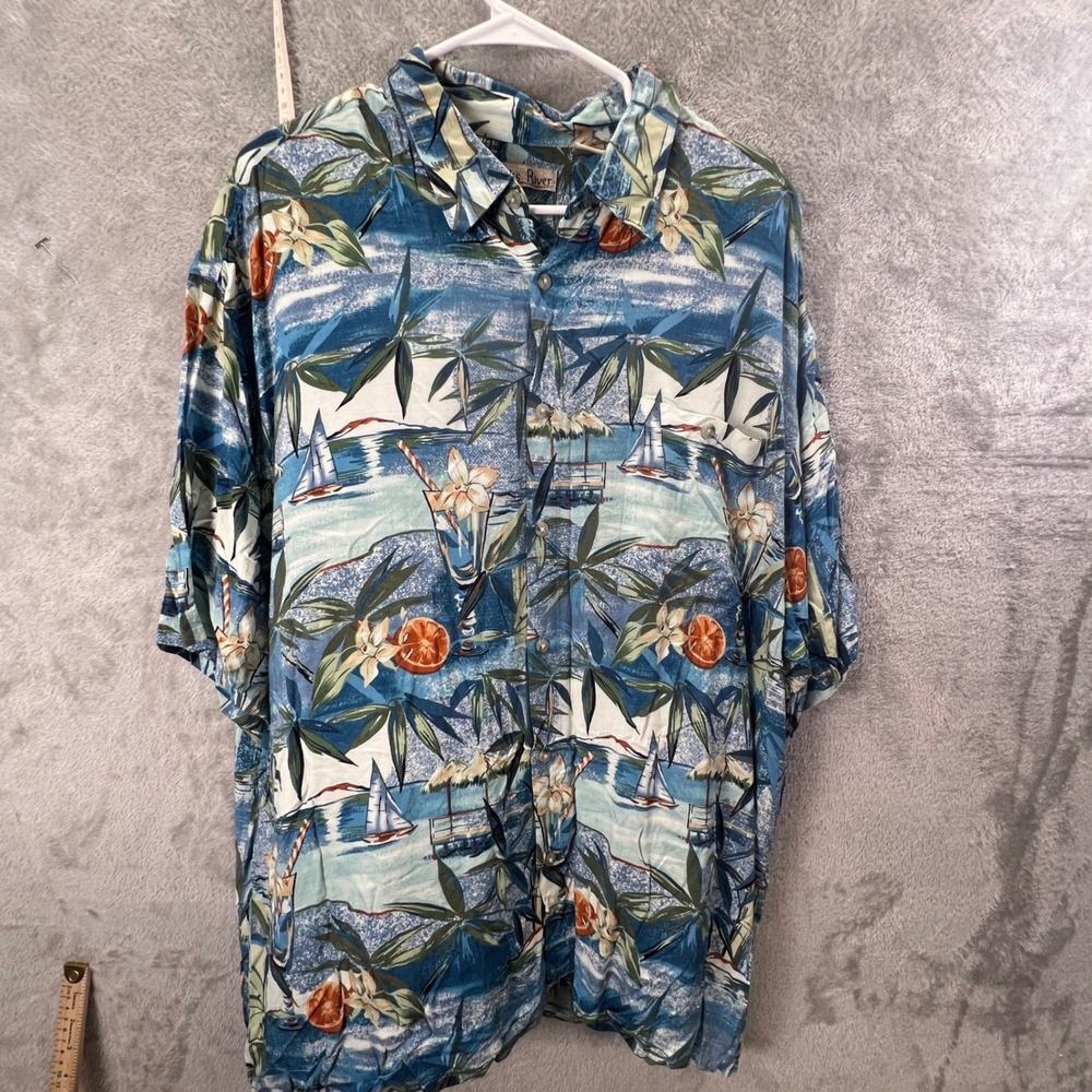 Hollis River Mens XXL Blue Tropical Sailboat Cocktail Rayon‎ Hawaiian Camp Shirt